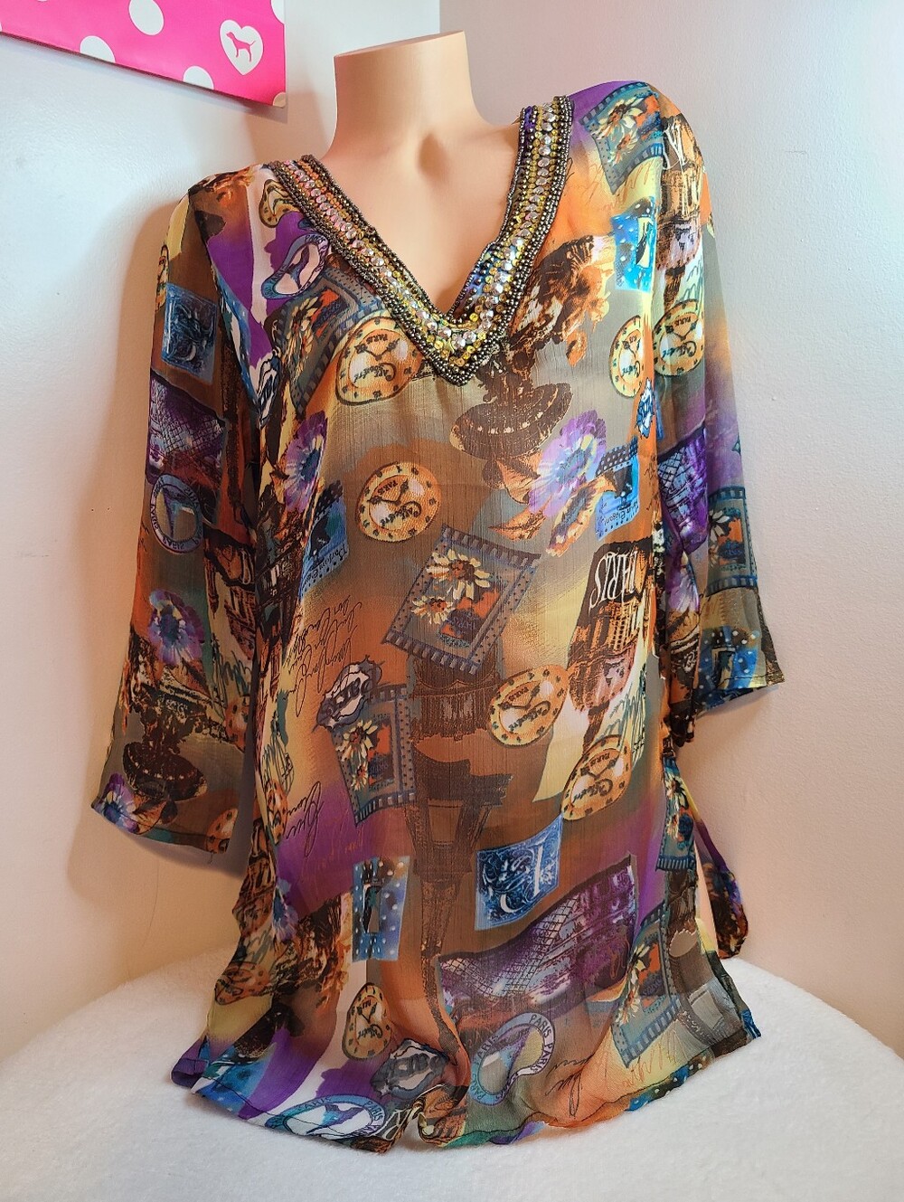 Just Love Colorful Beaded Sheer Chiffon Tunic Size Small - NWT